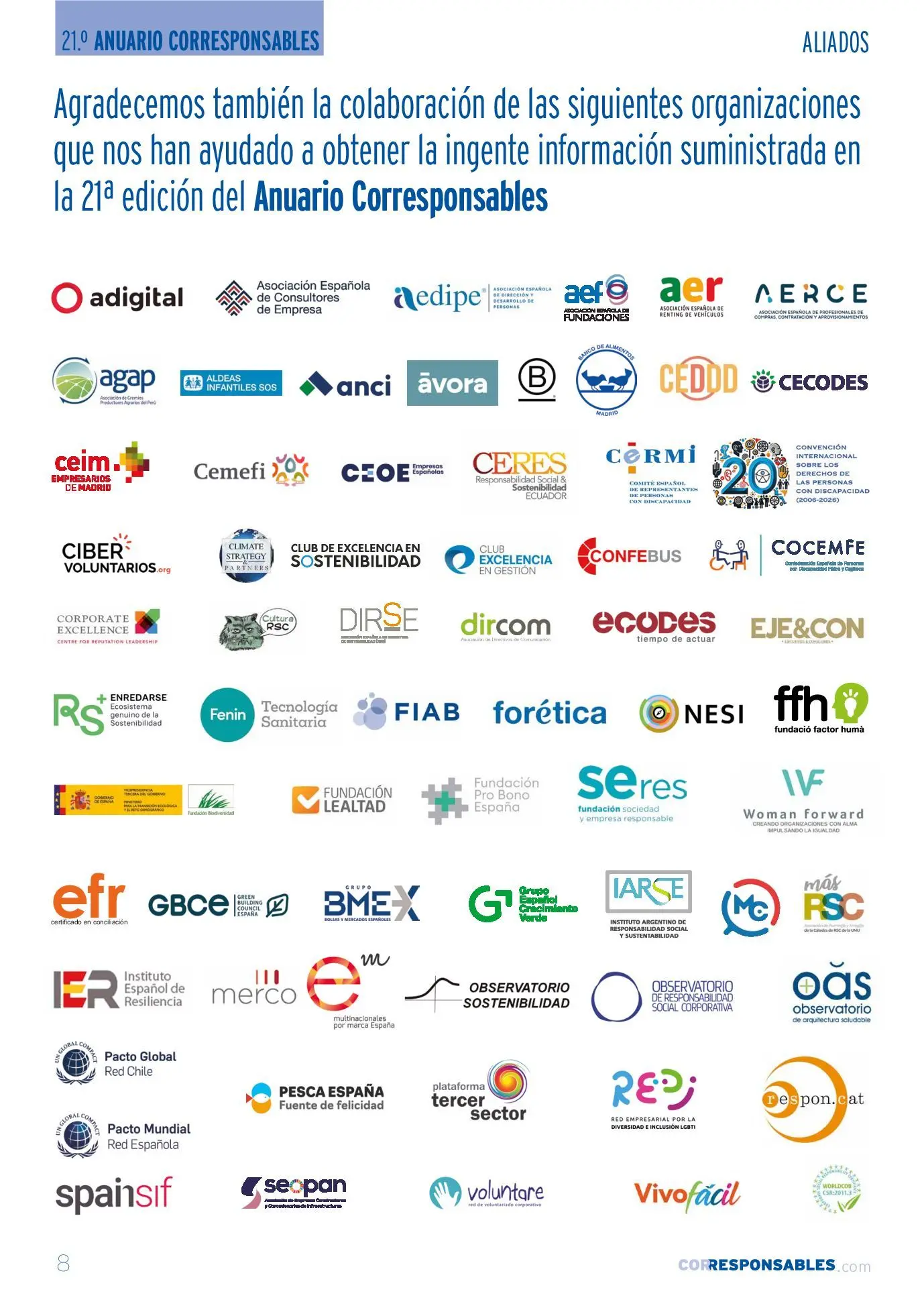 Tercera página de organizaciones participantes en el Anuario Corresponsables