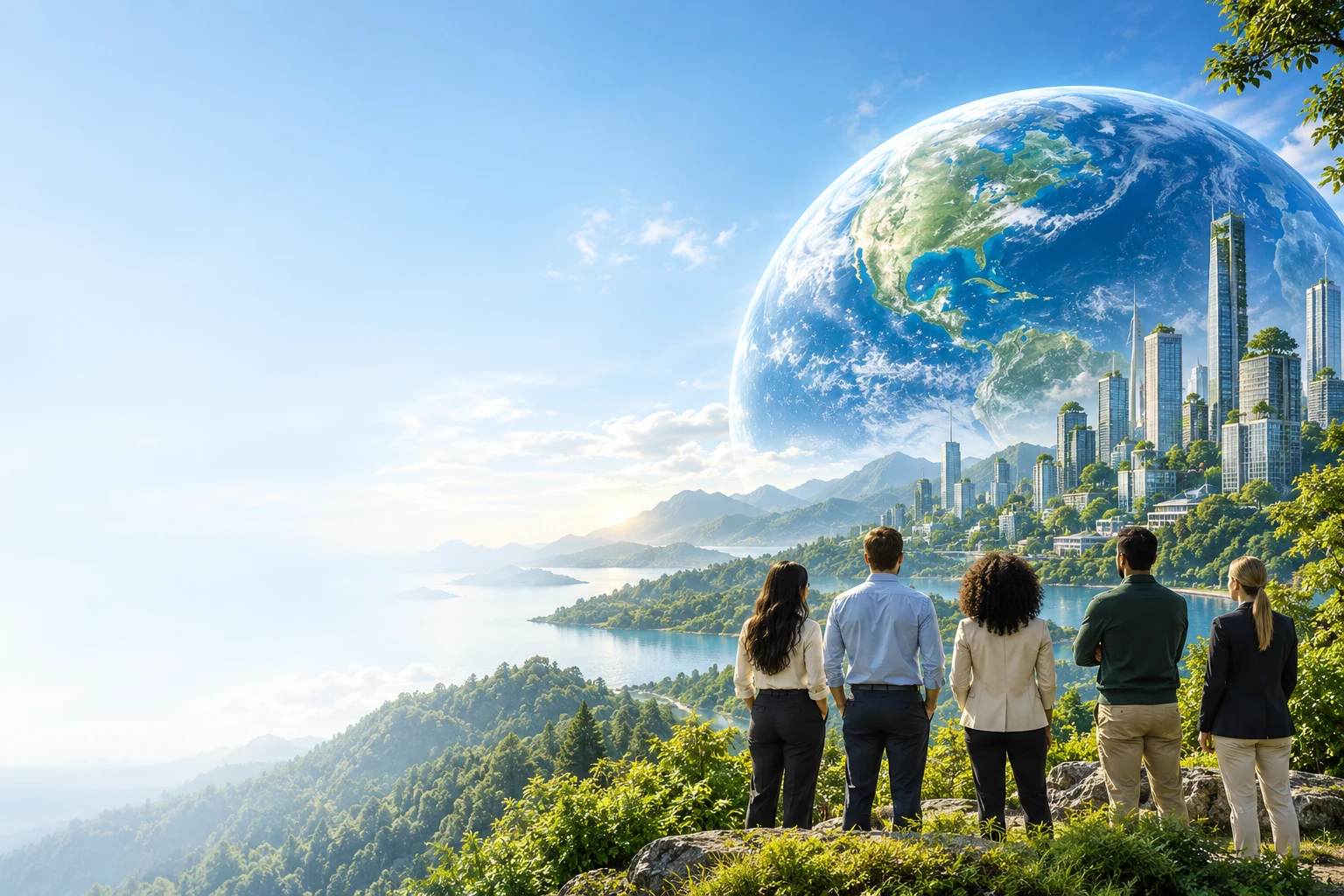 Planeta, naturaleza y ciudad con profesionales unidos por un futuro sostenible